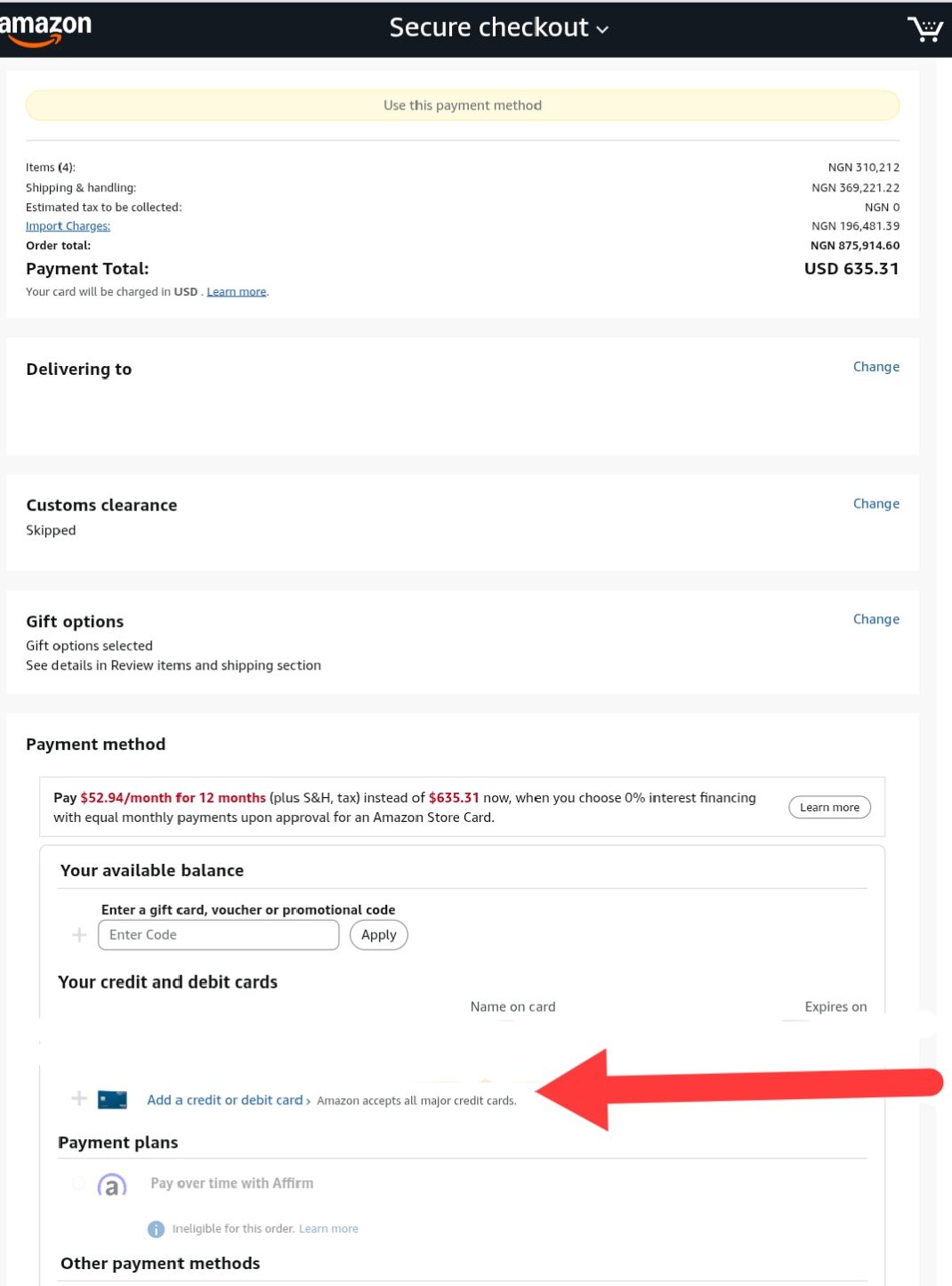 Select “Add a credit or debit card” as your payment method 