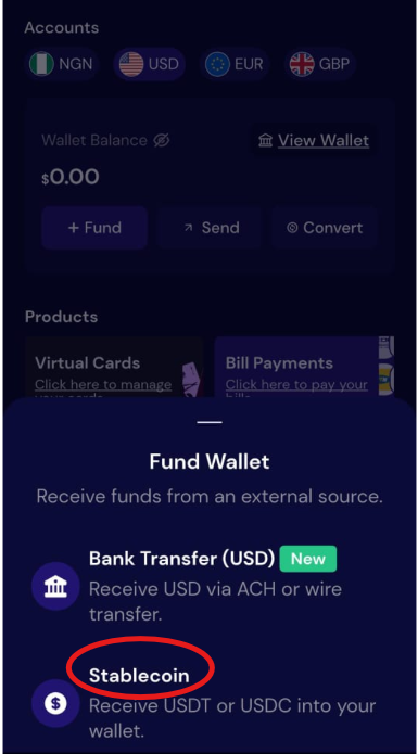 Click Fund, then select Stablecoin.