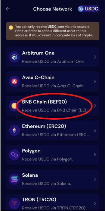 Select a network supported for that asset.