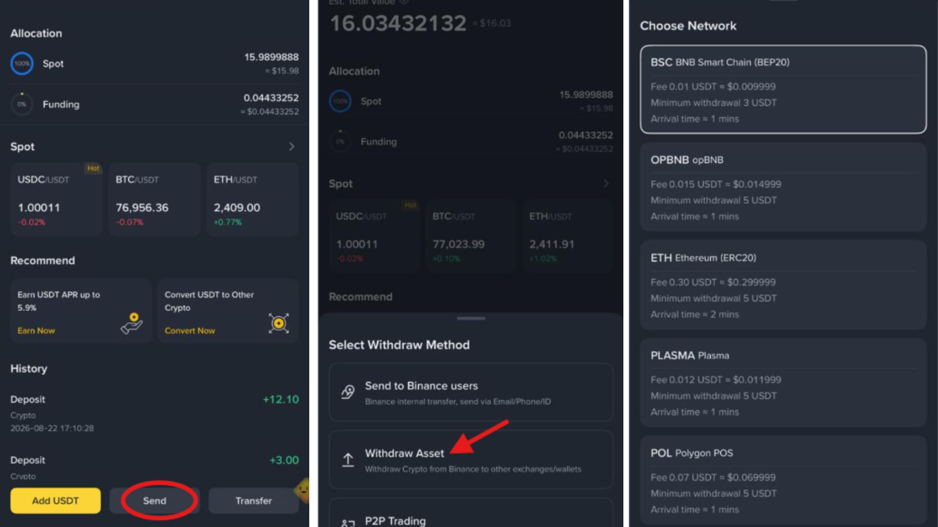 Withdraw the USDT (or USDC) from Binance